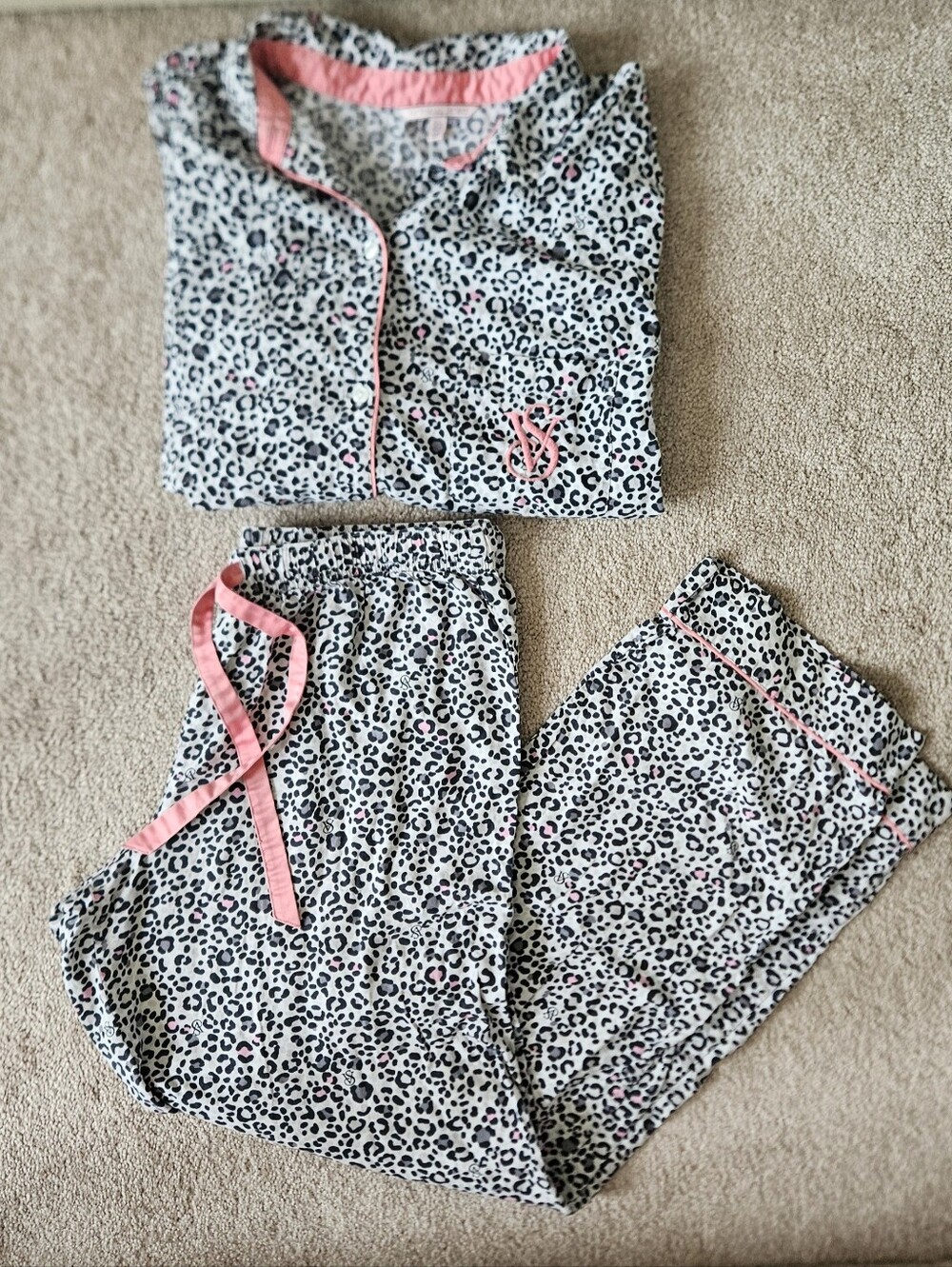 Victoria's Secret Leopard Pajama Set with Pink Trim- Large